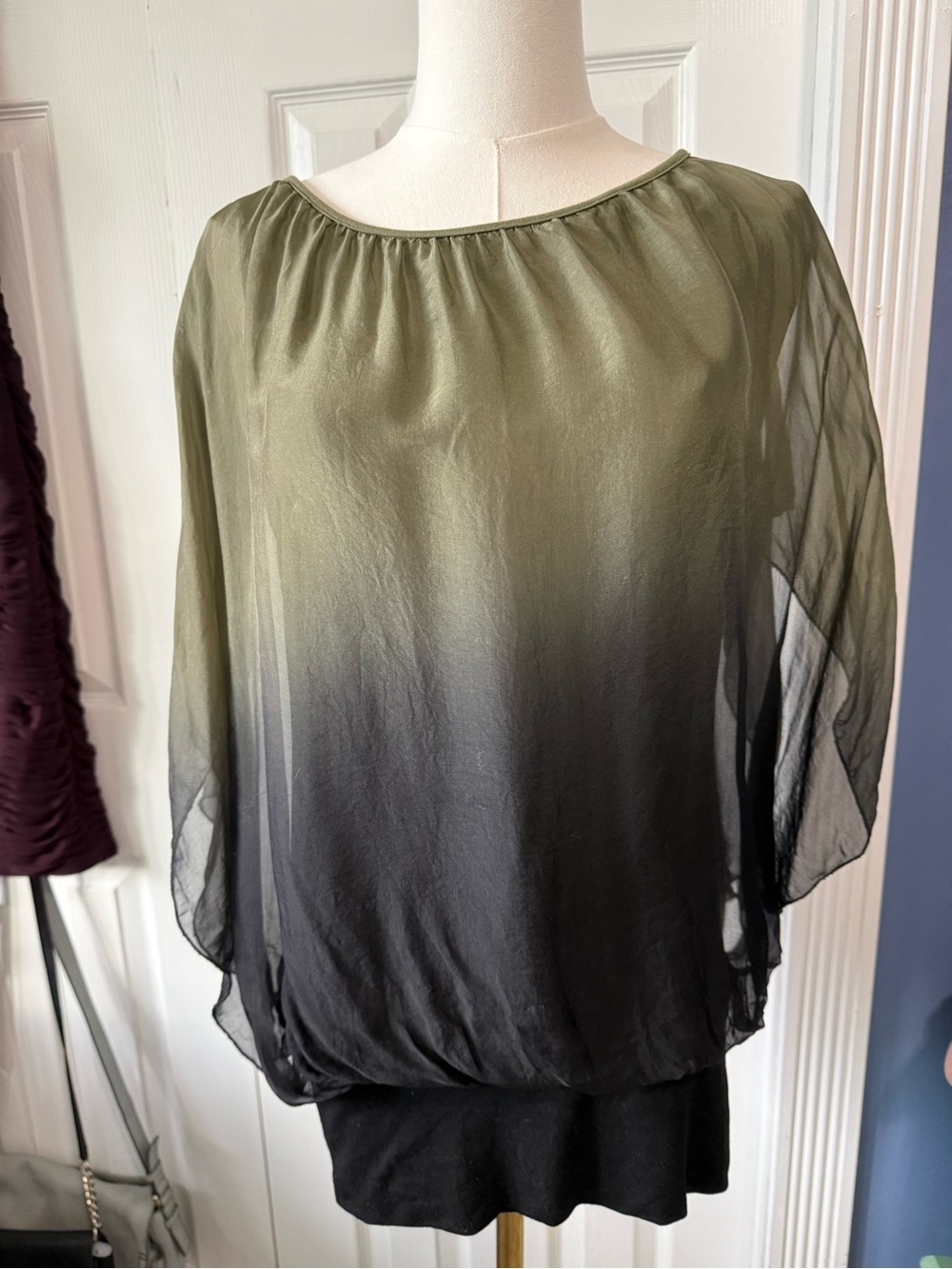 Giusy Made in Italy Silk Olive to Black Ombre Blouse Sheer Overlay Jersey Lined - Picture 2 of 13